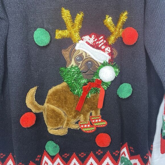 HOLIDAY TIME Ugly Christmas Sweater Pug Dog Reindeer Pom Pom Pullover Womens 2X - Picture 2 of 5